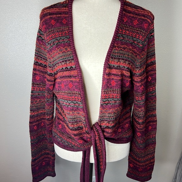 TERRITORY AHEAD Multicolor Knit Tie-Front Sweater Cotton Wool‎ Silk Boho XL - Picture 1 of 17